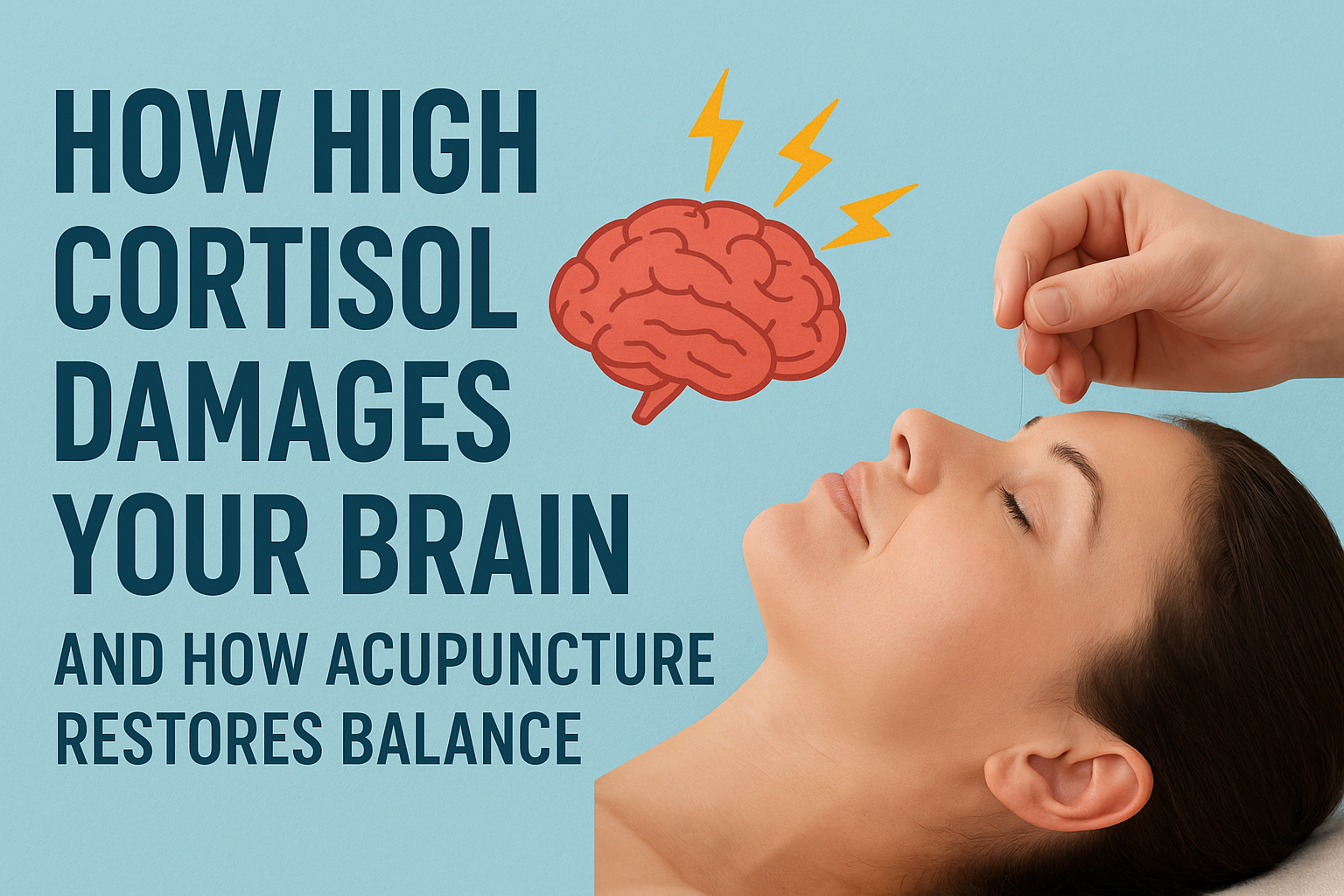 A digital illustration showing how high cortisol levels affect the brain, with visual highlights of the hippocampus shrinking under stress, alongside calming acupuncture needles symbolizing brain balance and stress relief.